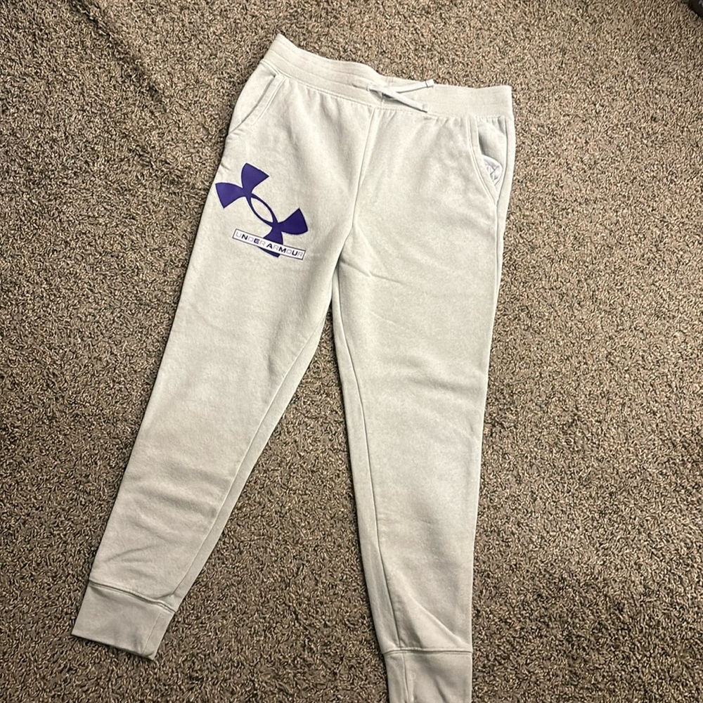 Youth XL loose grey and purple Under Armour joggers